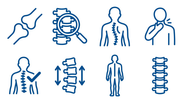 Blue line orthopedic icon set featuring spinal column, human bone joints, scoliosis and medical checkup symbols, illustrating healthcare services and representing chiropractic treatment