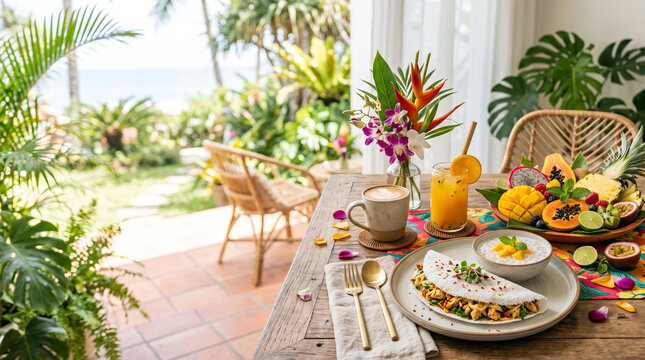 Tropical Breakfast Spread with Exotic Fruits and Coffee by the Ocean