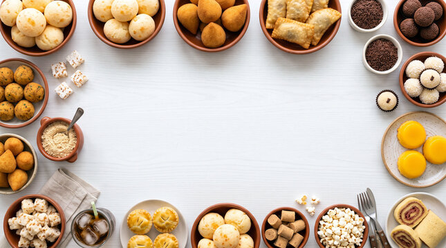 Assortment of Brazilian snacks and sweets arranged on a white wooden table