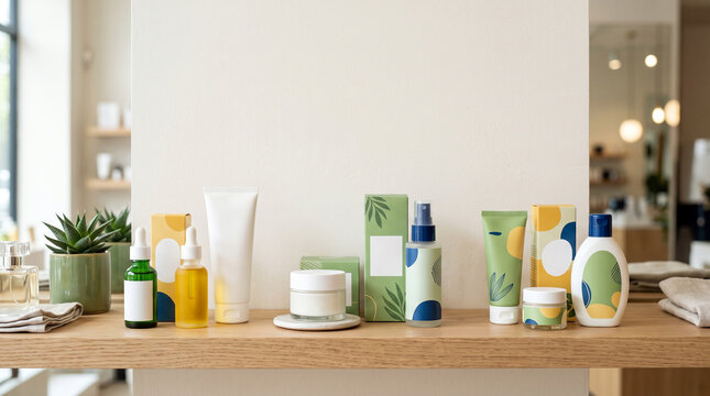 Natural Skincare Products Displayed on a Wooden Shelf