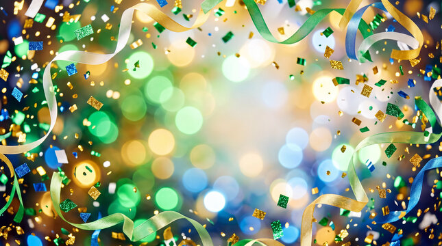 Festive Confetti and Ribbons with Bokeh Lights Celebration Background