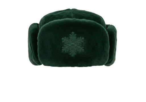 Emerald green faux fur ushanka hat with embroidered snowflake detail isolated white background
