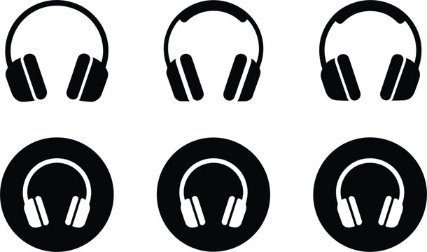 Headphone vector icon set, black audio headset silhouettes and round media music player buttons