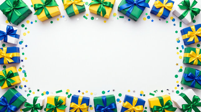 Colorful Gift Boxes and Confetti Border on White Background