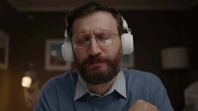 Man wearing headphones looking at camera and shaking head in disagreement. Close-up