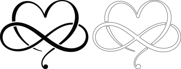 Obraz premium Infinity heart icon. Heart with infinity loop symbol. Simple pictogram for eternal love, wedding, valentine, anniversary, engagement, romantic, tattoo art and forever commitment design.