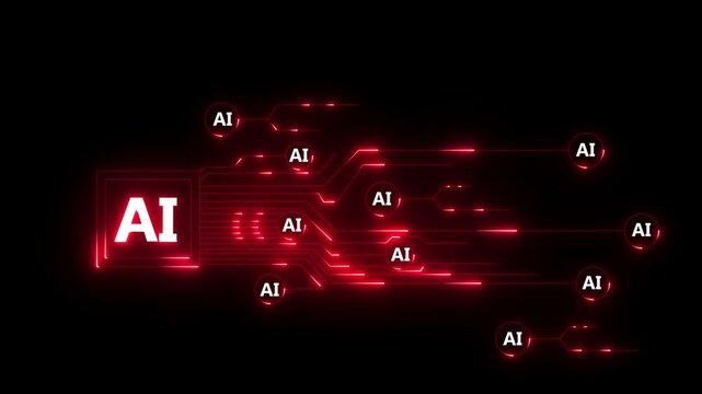 Futuristic Artificial Intelligence Network with Glowing Circuit Lines and Digital Data Flow on Black Technology Background.