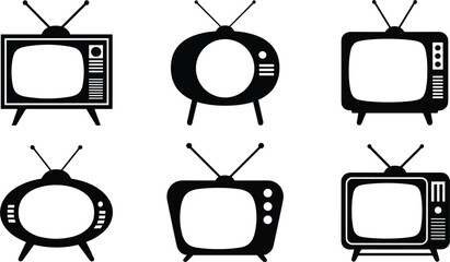 Retro television vector icon set, vintage tv symbols with antennas including old screen monitor displays © kaiyum