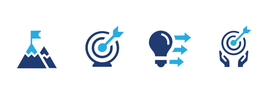 Strategy icon set. Contains mission, target, approach, and goal icons. Solid icon illustration pack.