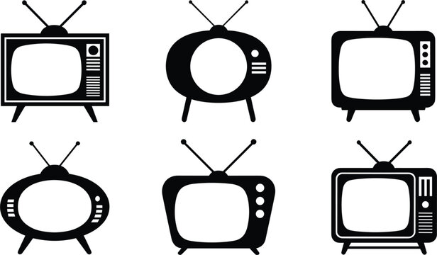 Retro television vector icon set, vintage tv symbols with antennas including old screen monitor displays