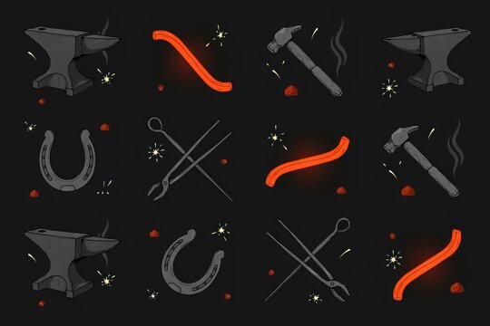Set of blacksmith tools including anvils, glowing hot metal bars, hammers, horseshoes, and tongs on a dark charcoal background