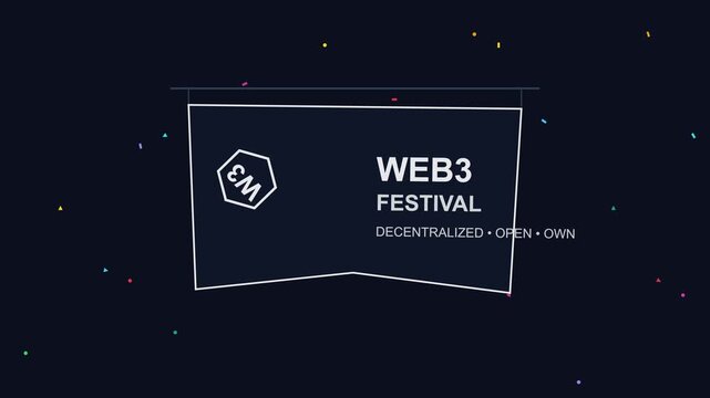 Web3 festival event banner animation with decentralized technology branding and confetti motion 4k blockchain