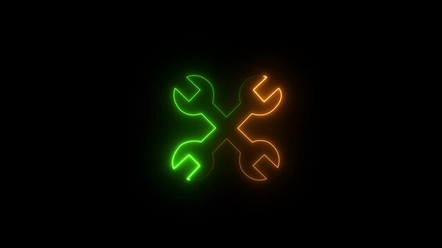 Neon Crossed Wrench Icon Glowing on Black Background Technology Repair Service Concept.