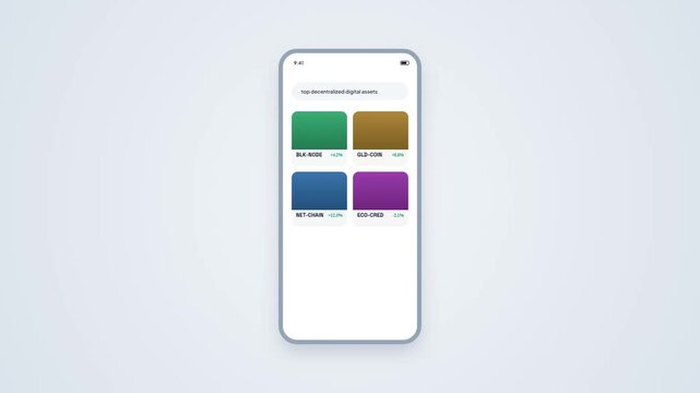 Mobile App UI UX Screen Animation Displaying Top Decentralized Digital Assets and Crypto Token Grid for Cryptocurrency Wallet Template