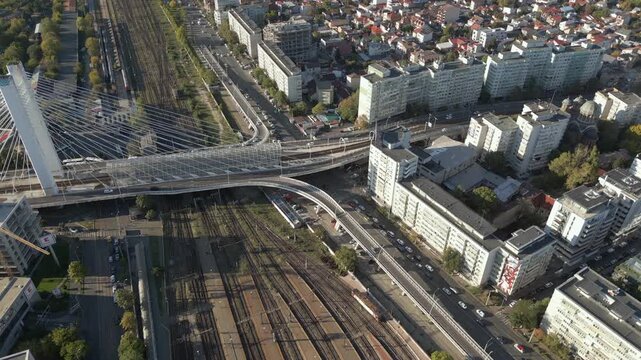 Pasajul Basarab Bridge And Train Lines Downtown Bucharest Romania Drone Descend 4K 60FPS