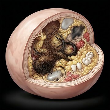 Dermoid Cyst (Mature Cystic Teratoma), cut open to reveal a chaotic mix of tissue inside, including hair, teeth, and sebaceous material within the ovary's tissue. The outer ovary is smooth and pale.