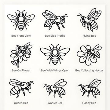 Set of cute honey bee icons in black and white line art style