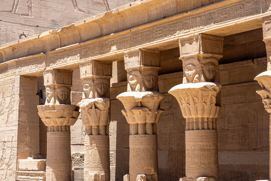 Columns supporting a patio at the entrance to the Philae Temple Complex on  Agilkia Island, in Aswan, Egypt