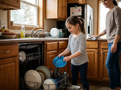 Young Girl Helping Her Mother Load Plates Into The Dishwasher In A Warm Kitchen Setting