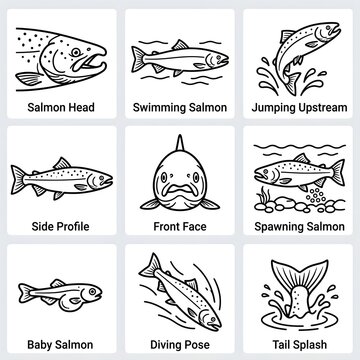 Salmon fish icon set in hand drawn line art style