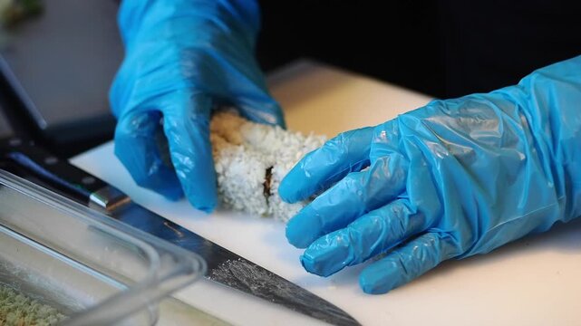 Hands are preparing sushi rolls in a kitchen with tools on the table