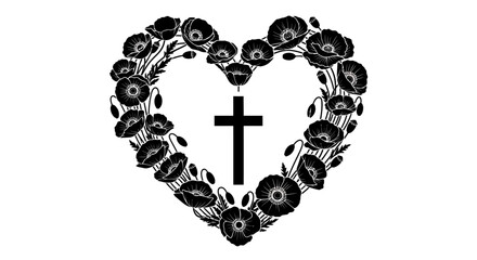 Black floral heart shape with a cross in the center symbolizing love and faith composed of detailed poppy flowers and foliage in a striking silhouette style © Pabitra