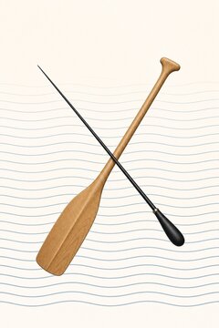 A wooden oar crossed with a conductor's baton over water ripple lines.