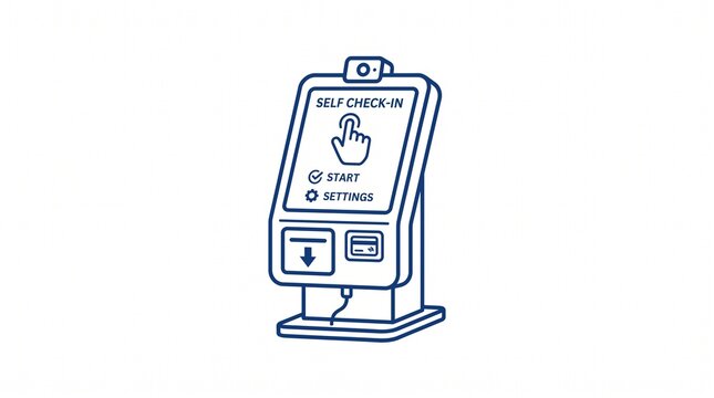 Line art icon of a self check-in kiosk terminal with a touchscreen, card reader, and ticket dispenser for digital transactions