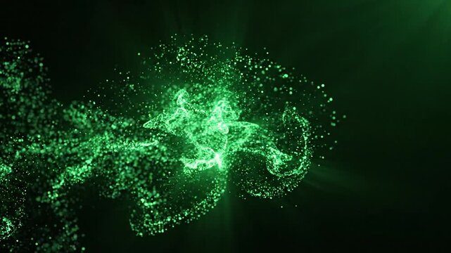 Abstract green particle wave animation, glowing energy fluid motion background, 4k digital loop