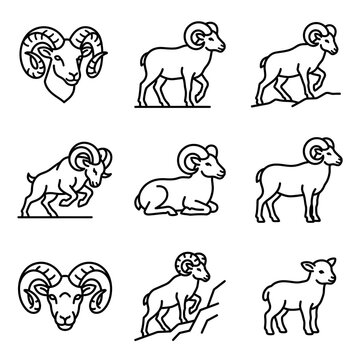 Set of ram and sheep icons in simple line art style