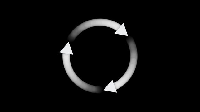 Minimalist circular loading spinner animation with rotating arrows on black background, progress indicator