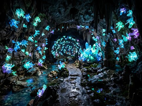 Breathtaking Underground Cavern Featuring Vibrant Glowing Crystalline Formations and Ethereal Luminescent Mineral Structures in a Dark Cave