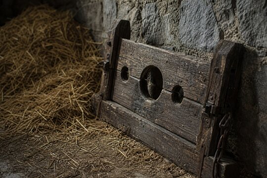 A rough wooden pillory in hay against a stone castle wall.