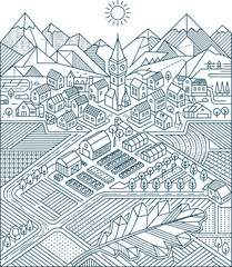 Fototapeta premium Isometric eco-friendly smart city with sustainable infrastructure. Futuristic urban landscape featuring renewable energy, green buildings, and mode...