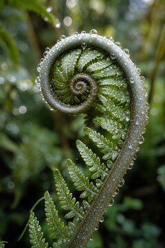 Silver fern frond unfurling with dewdrops in a rainforest.