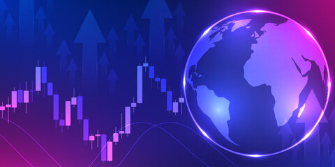 Fototapeta premium Financial stock market background with featuring glowing planet Earth stock market candlestick charts and upward arrows symbolizing international finance and economic growth.