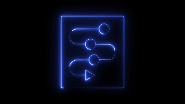 Glowing neon blue flowchart animation with connected nodes and directional arrows on a black background, workflow, data path, business process, or planning