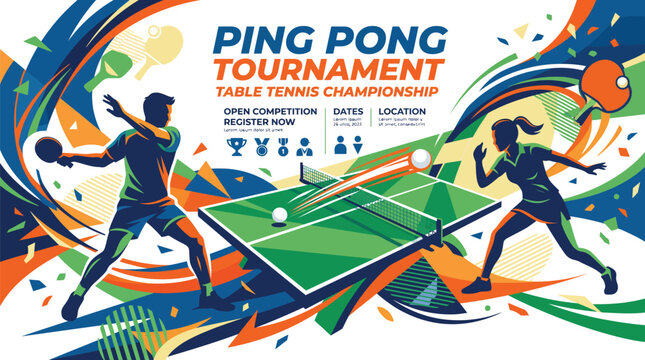 Dynamic ping pong tournament poster with competitive athletes in action. Table tennis championship flyer featuring intense gameplay and vibrant des...