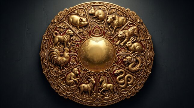 Detailed golden Chinese zodiac wheel medallion featuring 12 carved animals on a dark textured background