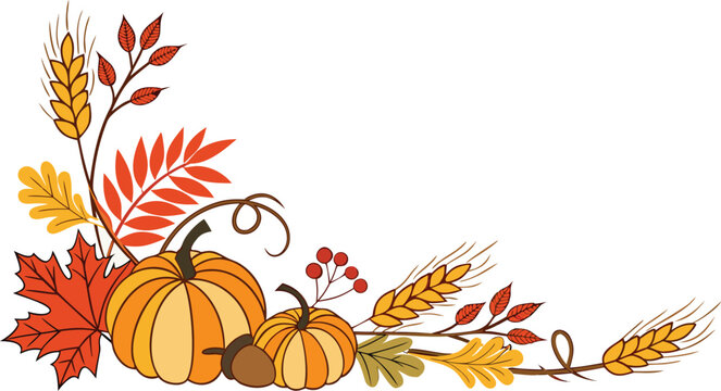 Autumn harvest pumpkin border with fall leaves and wheat