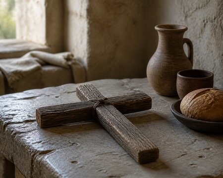 A rough-hewn wooden cross on a stone table with clay pots and bread in soft light.