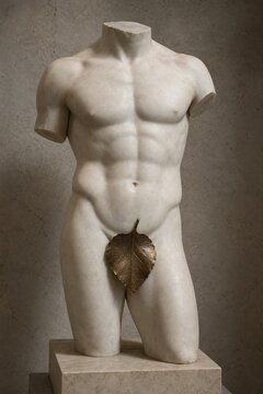 Classical marble sculpture of a male torso with bronze leaf covering.