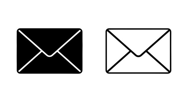 Minimalist envelope icon set in solid and outline styles, black mail symbol vector, email communication graphic for web design and app UI