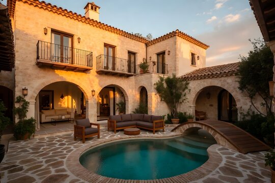 Luxury Mediterranean Residence Showcases Arched Courtyard with Turquoise Pool