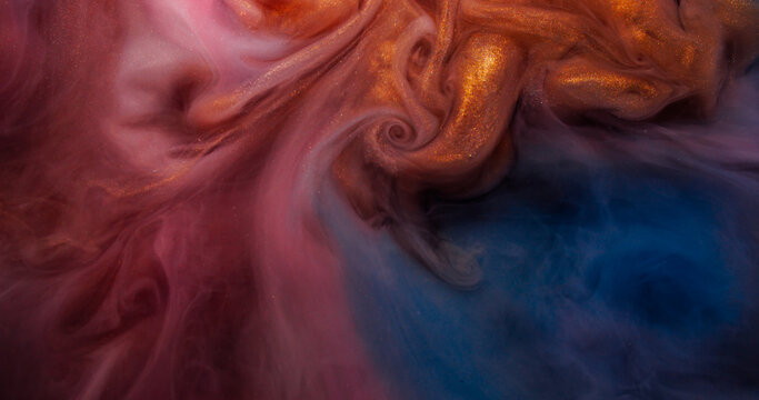 Glitter paint swirl. Haze spread. Liquid dye stream curl colorful texture. Mystic art fluid defocused round flow abstract background.
