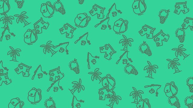 Green summer pattern with icons of palm trees, swimming trunks, fishing rods, and ice cream. Perfect for tropical designs and summerthemed projects.
