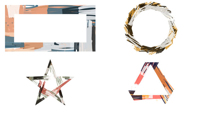 Abstract geometric frames with brush stroke textures, artistic borders set in circle star and triangle shapes, modern painted design elements