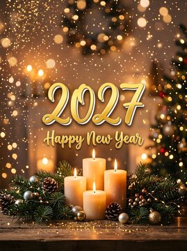 Cozy vertical Happy New Year 2027 card background with lit candles, warm bokeh light background, pine wreath decor, and elegant golden text.