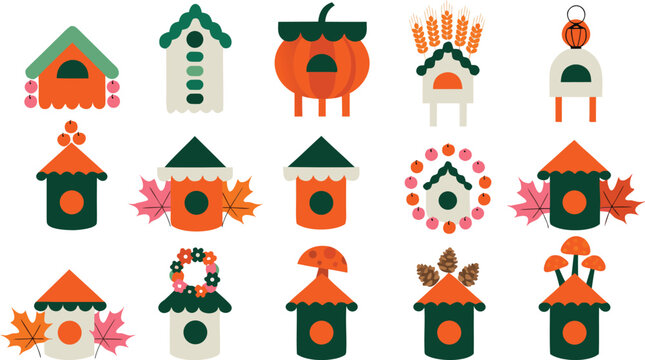 Set of cute autumn birdhouse icons with leaves and pumpkins