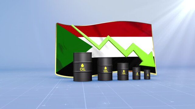 Sudan Oil Price Falling with Oil Barrels Downward Green Arrow and 3D Financial Data Visualization Graphs for Economy and Business Concept